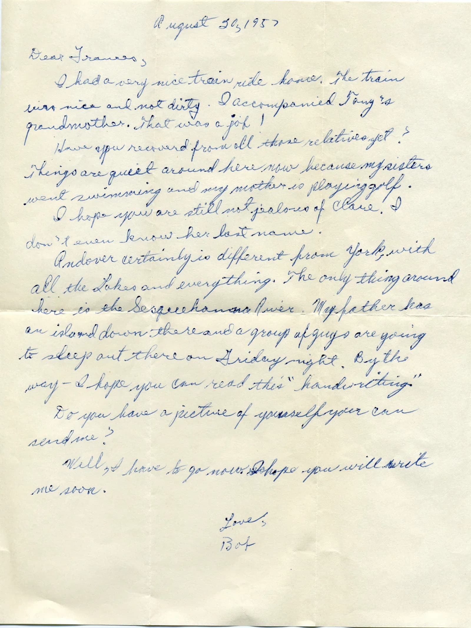 Bob's first letter, dated August 20, 1957